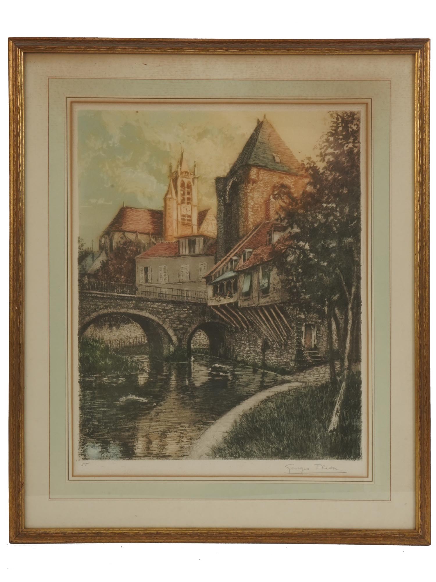 FRENCH BRIDGE COLORED ETCHING BY GEORGES PLASSE PIC-0